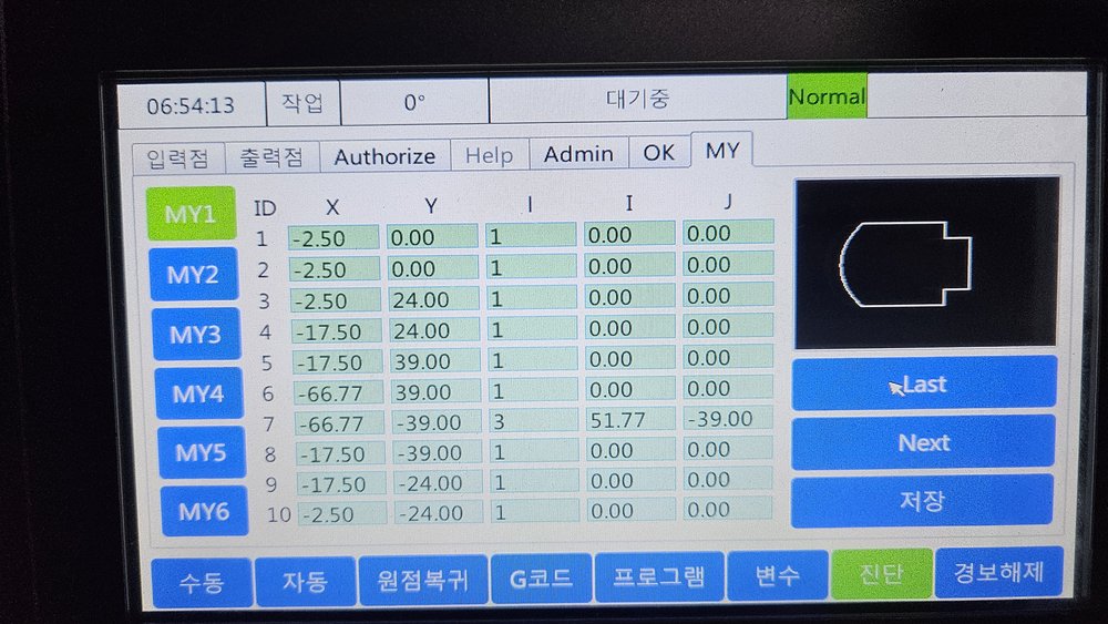 조작 화면에 넣은 가공 모양과 좌표