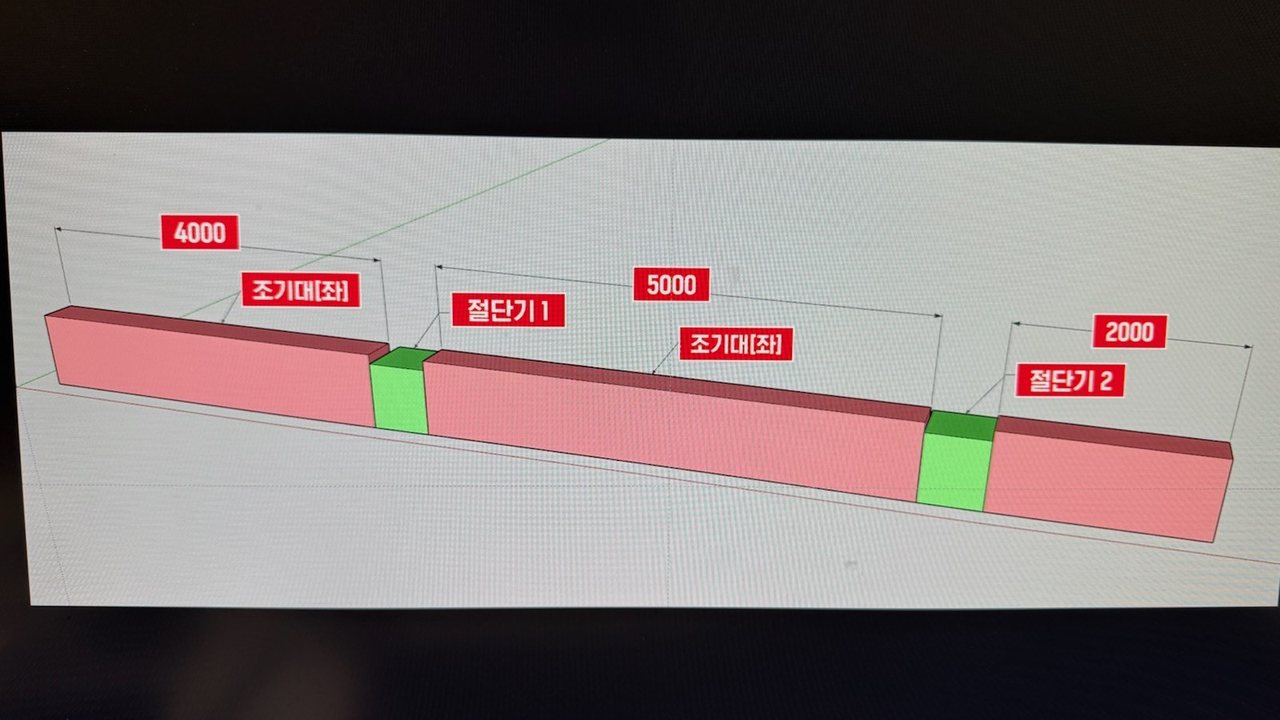 고객 배치도 — 롤러다이 4m · 5m · 2m 사이에 절단기 2대가 들어갑니다