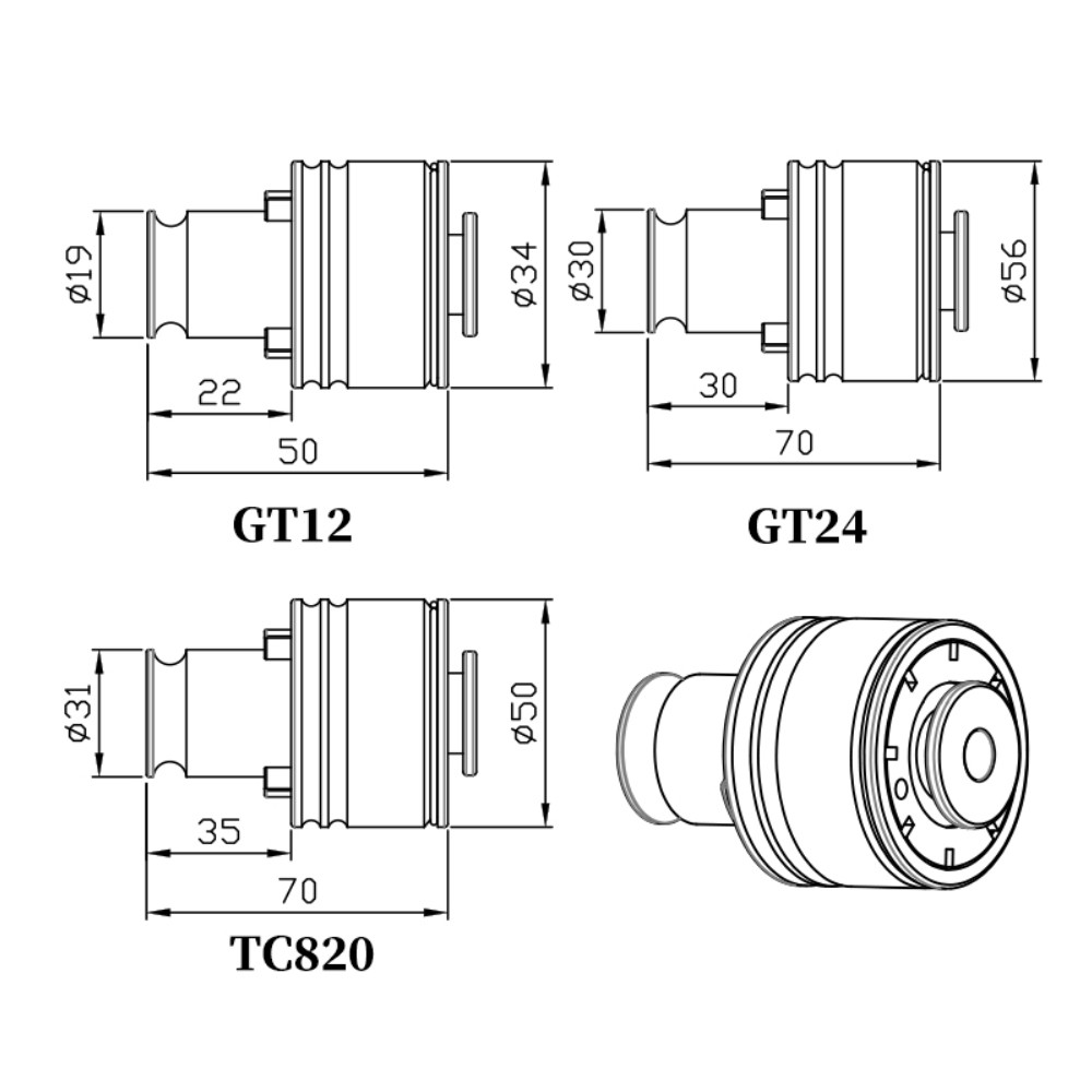 GT12 · GT24 · TC820 삽입부 치수 도면