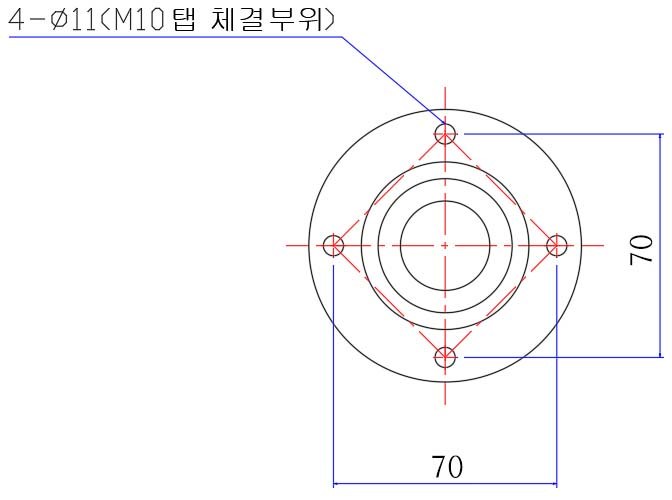 상부 체결부 — 4-Φ11 (M10 탭) · 피치 70 × 70 mm